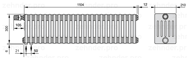 Схема (чертеж) Радиатор Zehnder Charleston 6030/24 №V001 Белый глянцевый RAL 9016